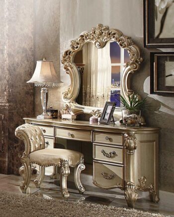 Elaborate Carved Gold Patina Finish Desk Vanity Dressing Table with 7 Drawers